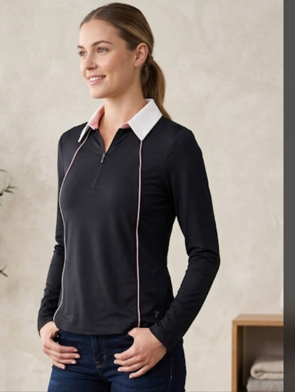 Belyn Key Black Long-Sleeve Polo Top with White Collar and Pink Piping